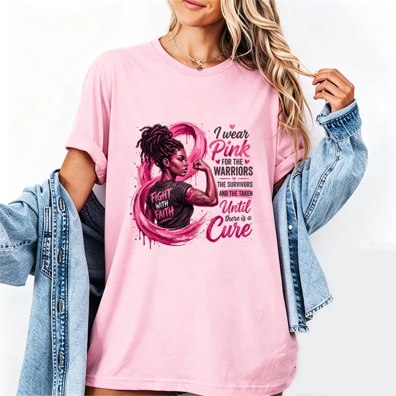 Breast Cancer Warrior Pink Ribbon Woman Quote Art Print Graphic Womens T Shirt Short Sleeve Crew Neck Casual Ladies Tee Tops