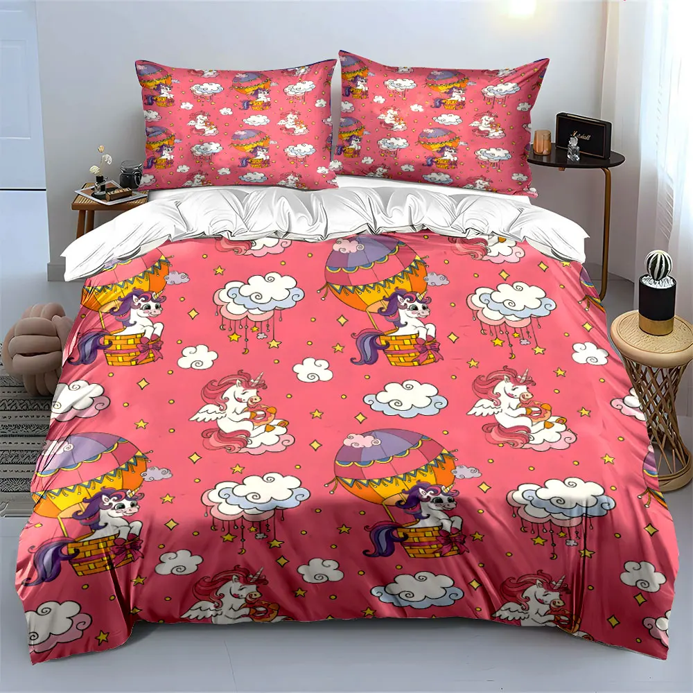 Dreamy Unicorns and Hot Air Balloons Pattern Print Bedding set 3PC 1 duvet cover 2 pillowcases adult and children bedding set