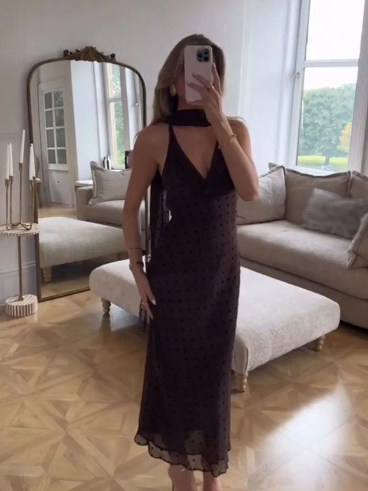 HH 2025 vrouwen Zomer Mode Sexy Jurken Effen Stippen Sjaal Kraag Mouwloze Backless Rits Vrouwelijke Elegante Lange Jurk