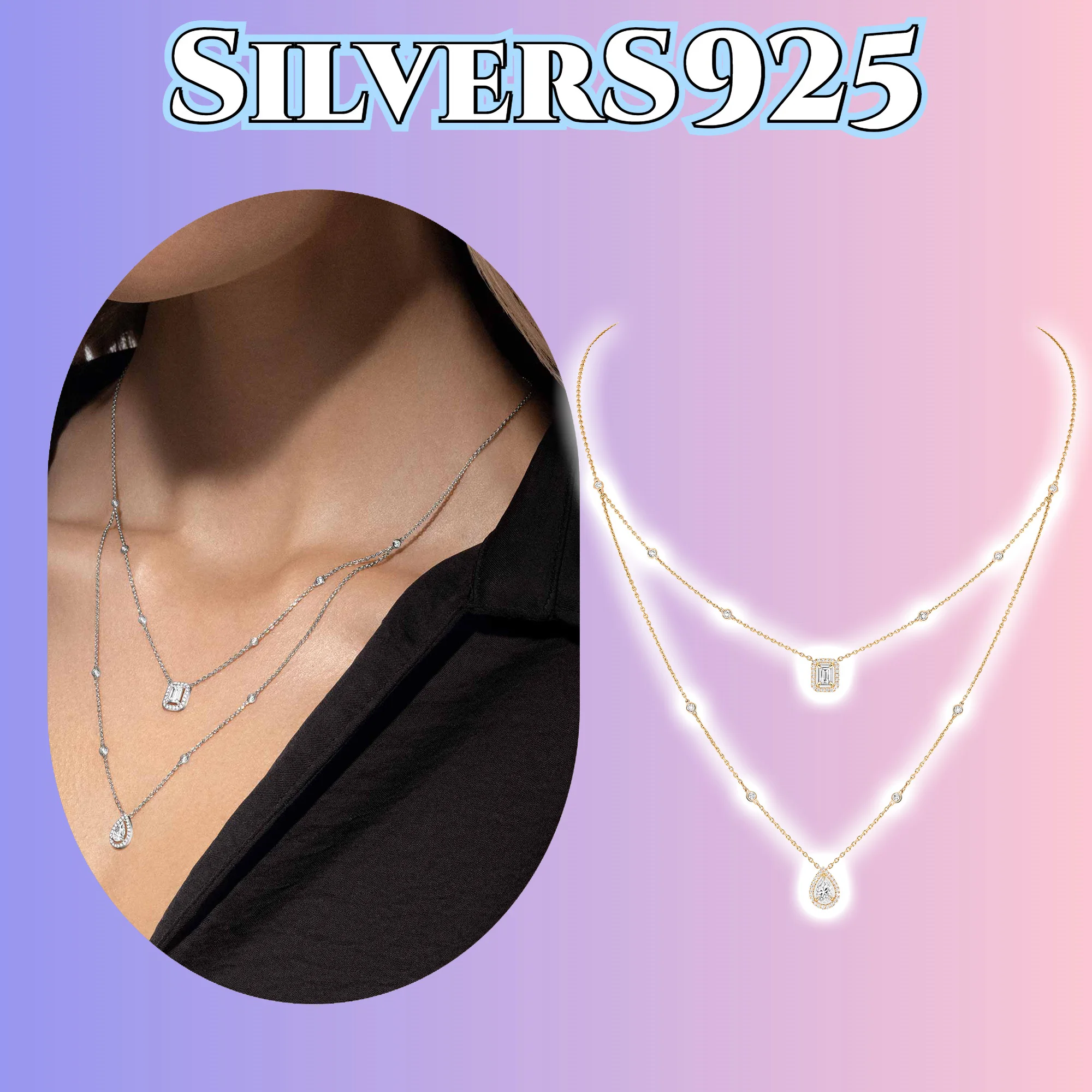 

Pear shaped double circle luxury necklace made of pure silver S925, women's jewelry gift for mother to brighten up skin