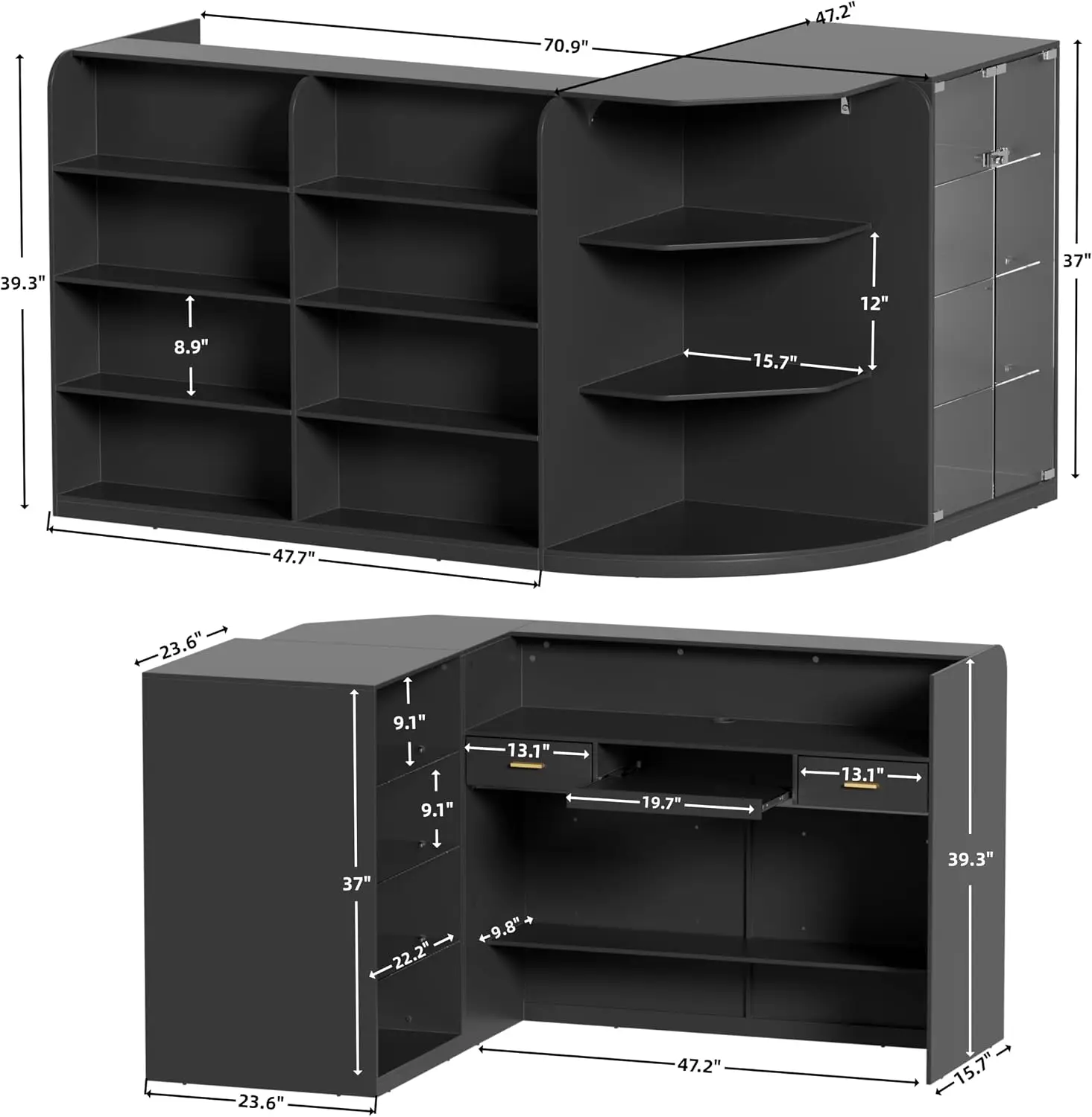 Reception Desk with Counter, Modern Front Desk Reception Room Table with Drawers & Open Shelves, 70.9 inch Retail Counter for Ch