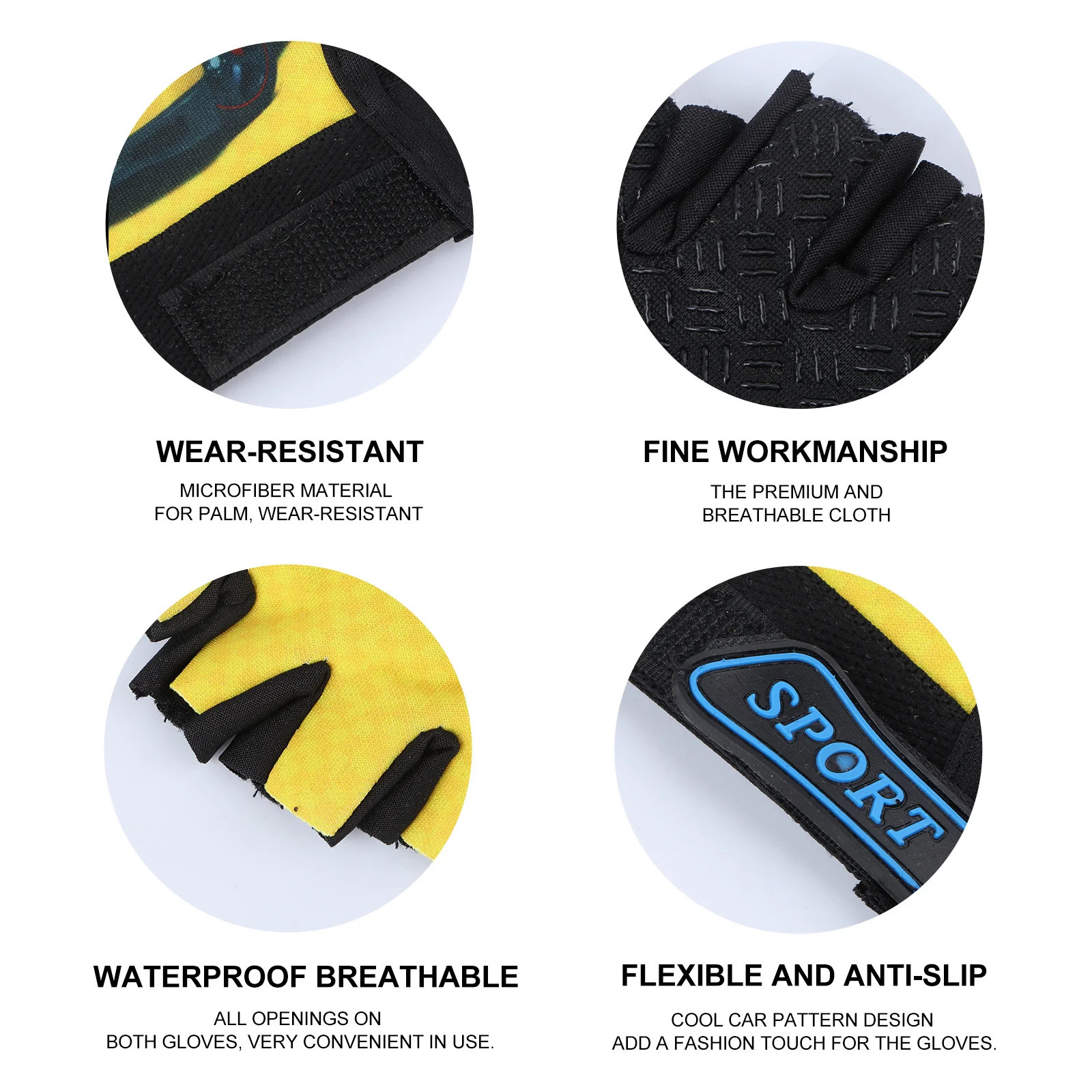 Велосипедные перчатки желтого цвета с рисунком автомобиля, спортивные перчатки из микрофибры на половину пальца, для езды на велосипеде, бега