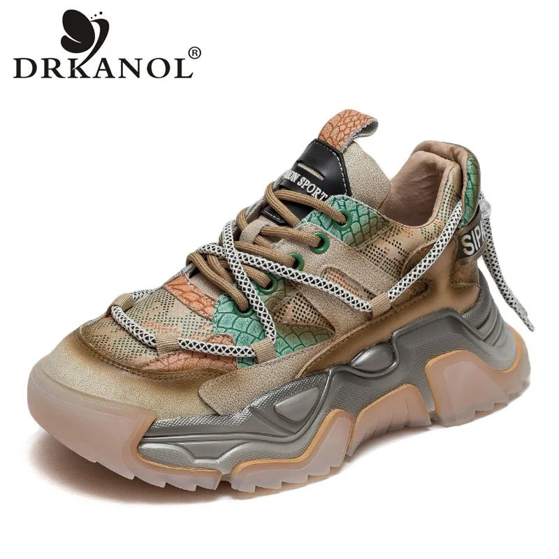 

DRKANOL Women Sneakers 2024 Mixed Colors Thick Soled Round Toe Lace-Up Genuine Leather Casual Shoes Sneakers Women Daddy Shoes