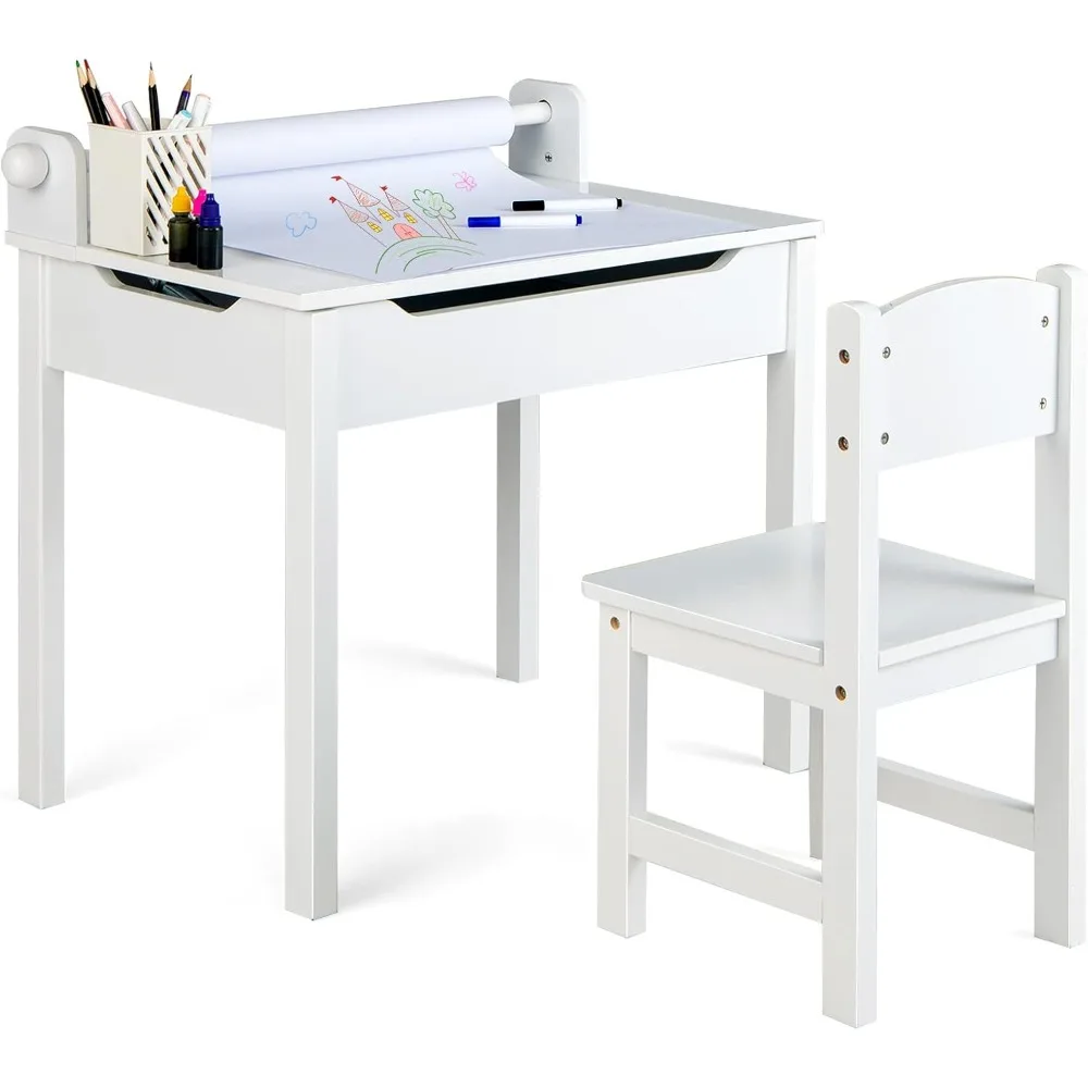 Kids Table and Chair Set, Flip Top Art Craft Table w/Chair, Drawing Writing Desk Set w/Paper Roll & Markers, Gift for Ages 3+