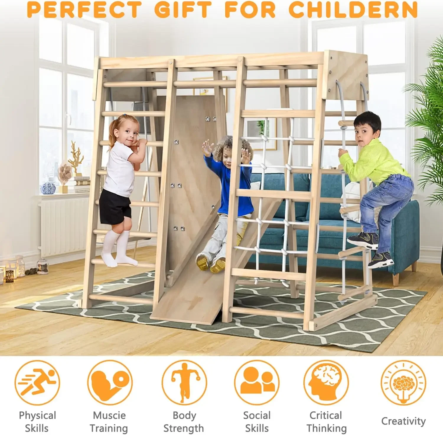 Toddler Climbing Toys Indoor, Indoor Playground Climbing Toys for Toddlers, Climber Playset with Slide, Climbing Rock/Net, Monke