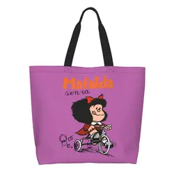 Custom Kawaii Mafalda Riding A Bike Shopping borse di tela riciclaggio grande capacità drogheria Quino Comic Cartoon Tote Shopper Bag