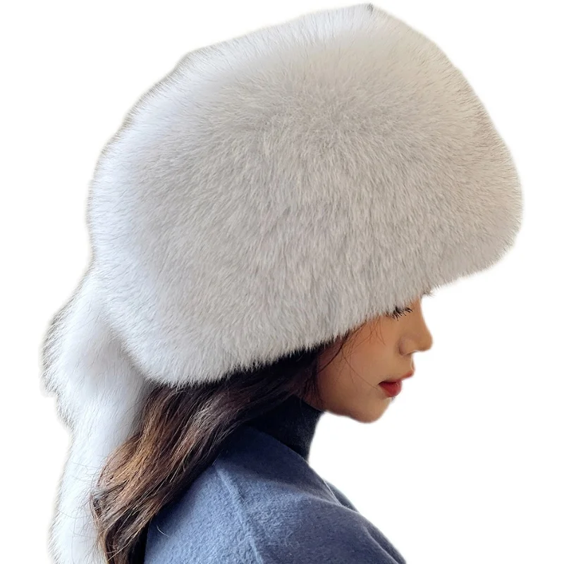 Fluffy Natural Fox Fur Russian Hat with Tassel Ushanka Women Winter Warm  White Popular Style Female Cap Real Fur Hats