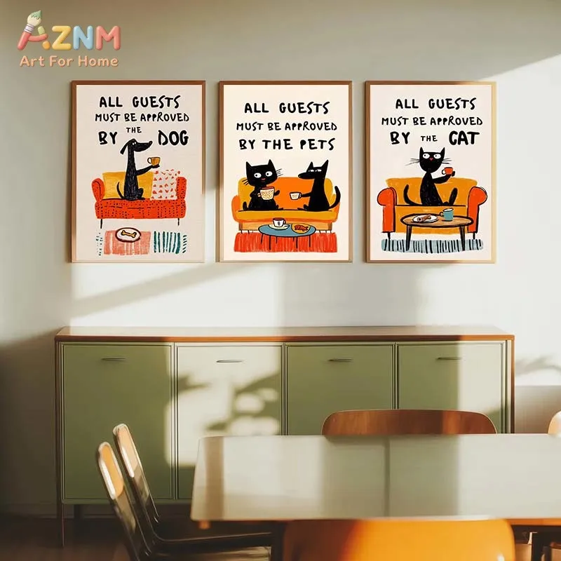AZNM Funny Cartoon Cat Dog Quote Canvas Wall Art Print, Retro Color Pet Text Sign Cute Living Room Entryway Pet Lover Aesthetic