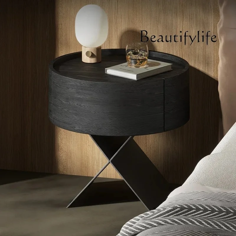 

Black smoked veneer bedside table Italian minimalist light luxury high-end bedside table