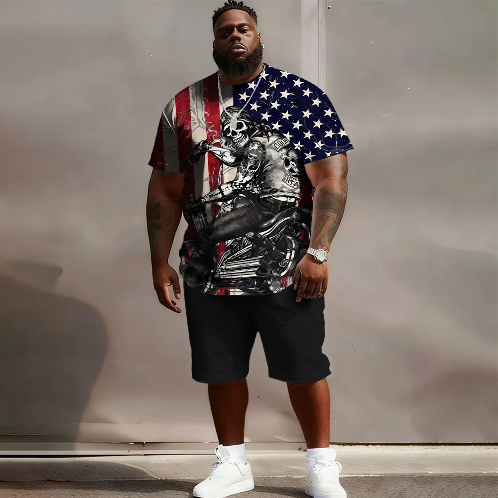 طقم S-9xl مقاس كبير للرجال بأكمام قصيرة: أنيق مستوحى من العلم - قطعتين مقاس كبير وطويل، قماش ناعم، مطبوعات علم أنيقة وبسيطة
