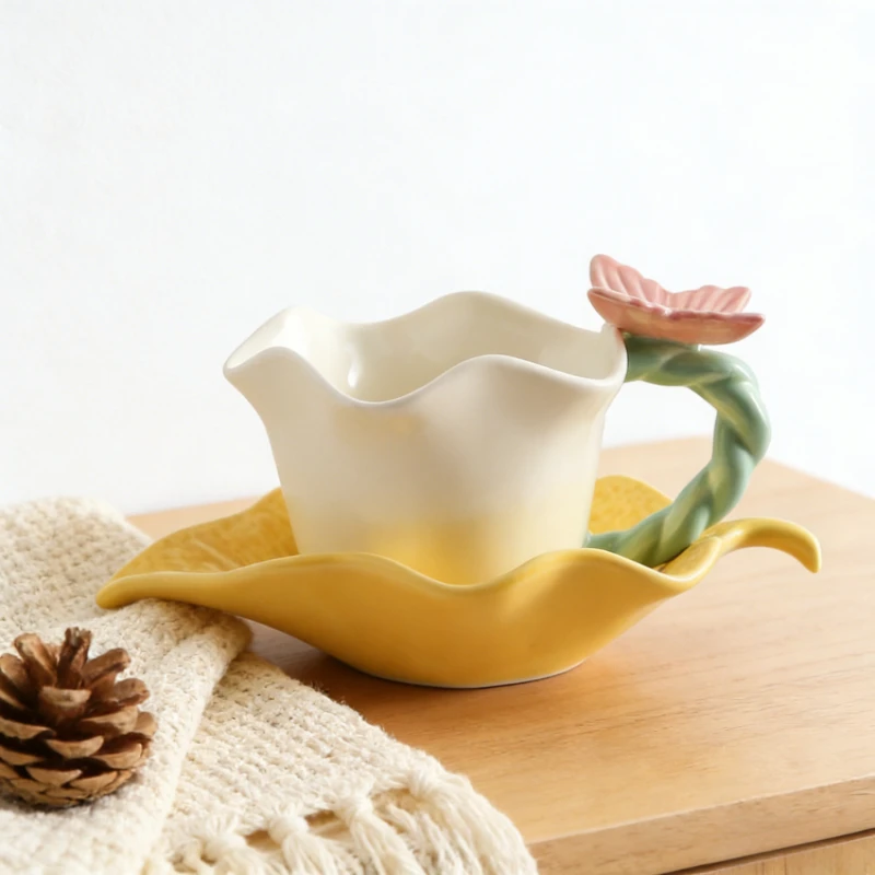 New High Beauty Coffee Cup Flower Language Butterfly Ceramic Cups and Saucer Set with Spoon Exquisite Cute Couple Mug Pair Cups