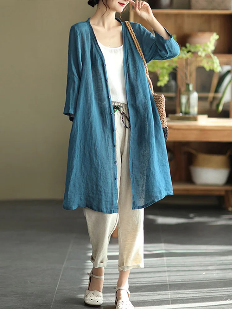 جديد الصيف المرأة القطن الكتان معطف طويل فضفاض تكييف الهواء irt رقيقة الفنية الرجعية اللون ملابس خارجية Jaet #4