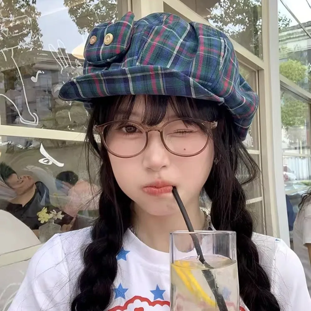 الرجعية الكورية نمط اليابانية زر قبعة الشمس حماية تنوعا قبعات مثمنة لطيف قصيرة حافة موزع الصحف قبعة الشارع الشهير #4