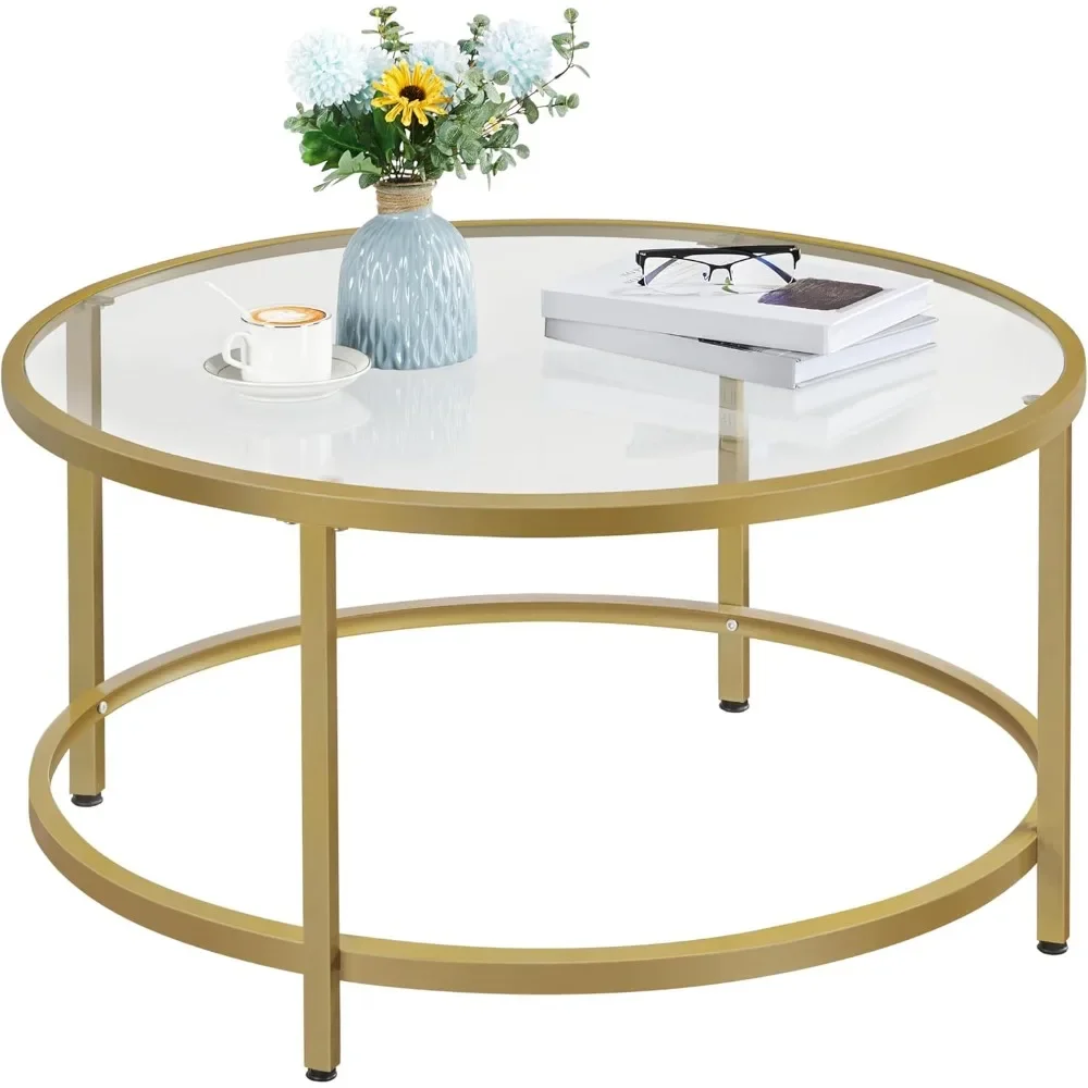 

Gold Glass Coffee Table for Living Room, 36" Round Glass Coffee Table with Metal Frame, Circle Coffee Table for Home, Office