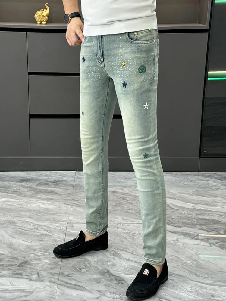 

Модные джинсы с вышивкой, мужские повседневные джинсы с алмазным узором, облегающие длинные брюки, молодежные, удобные, износостойкие