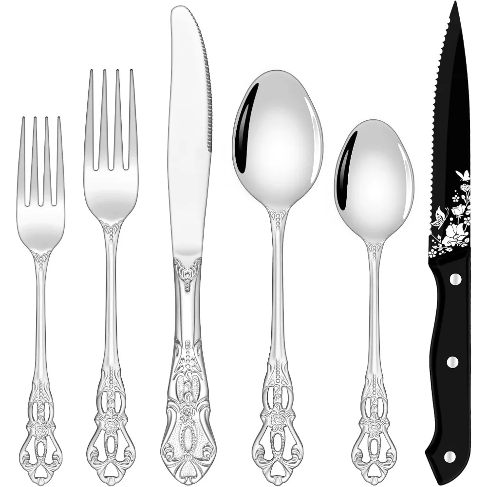 

Retro 8-Person Stainless Steel Silverware Set Including Forks, Spoons, and Knives with Mirror Polish