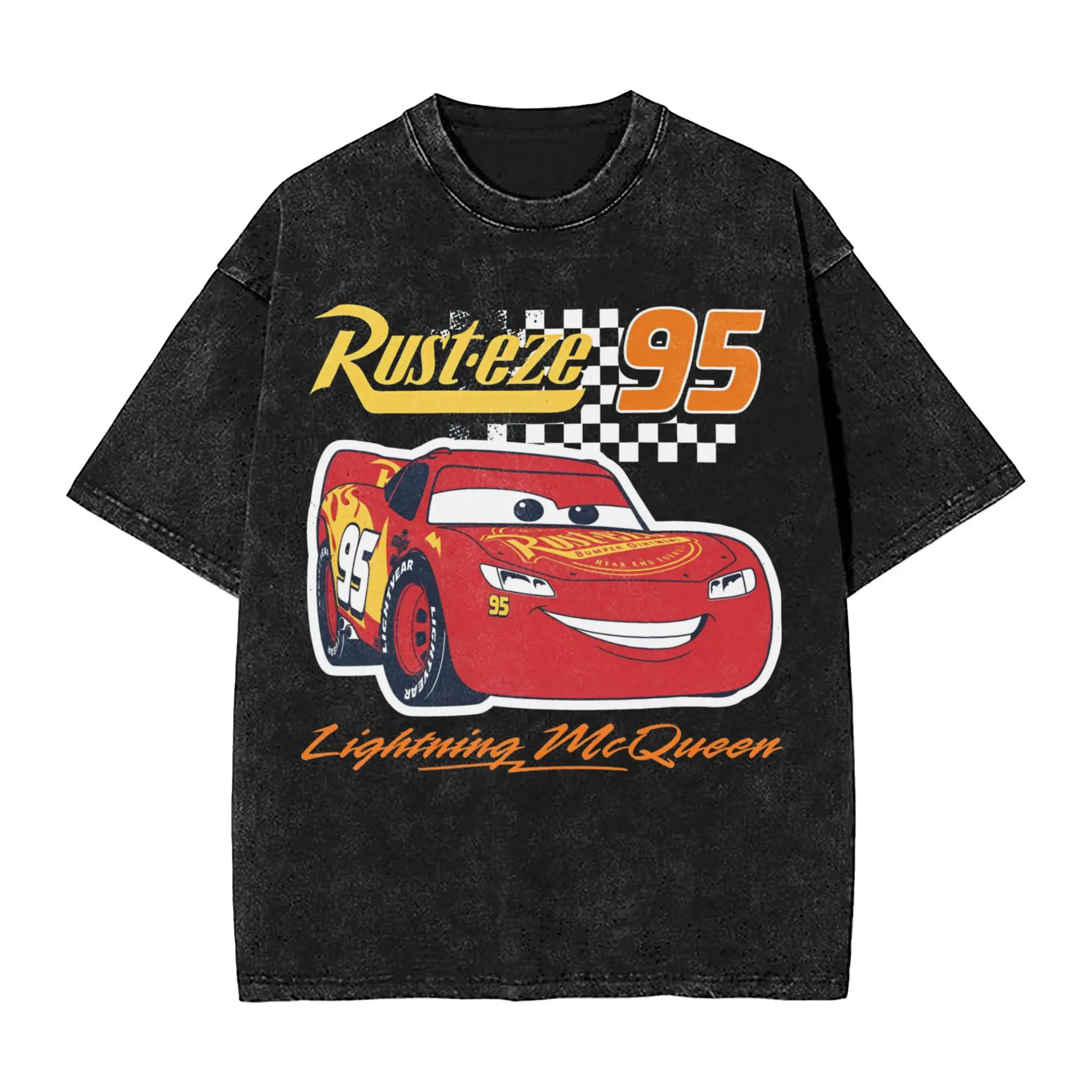 Graphic Printed lightning mcqueen car sally Washed T Shirts Apparel Harajuku T-Shirt  Men Women Tee