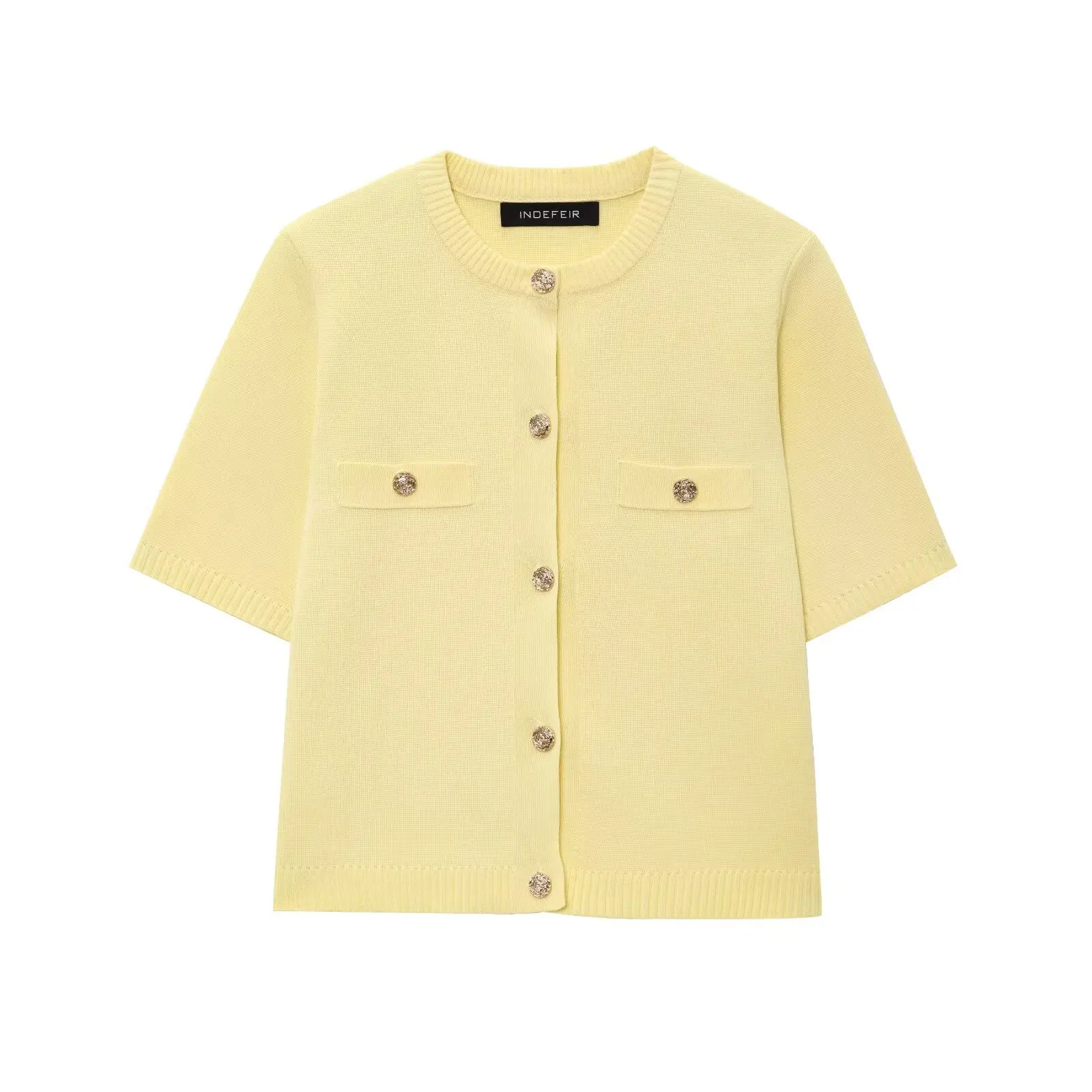 Chaqueta de Punto de Manga Corta Simple y Moderna para Mujer, Estilo Urbano, Fibra de Poliéster, Cuello Redondo, Botones, Lar...