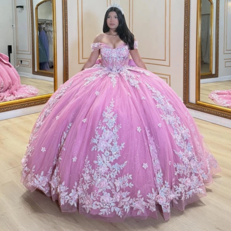 

Pink Shiny Quinceanera Dresses Off The Shoulder Applique Flower Beads Bow Tull Corset Party Birthday Sweet 16 Dres Vestidos 15
