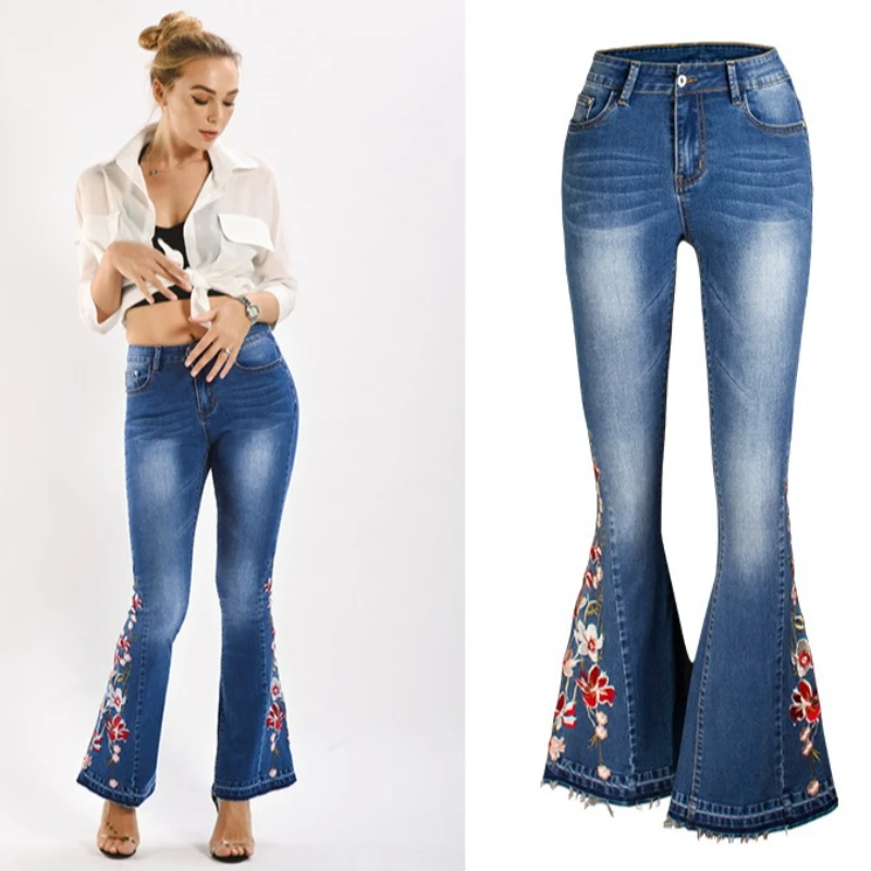

Женские модные джинсовые брюки-клеш в европейском и американском стиле, модные широкие длинные брюки с 3D вышивкой на осень