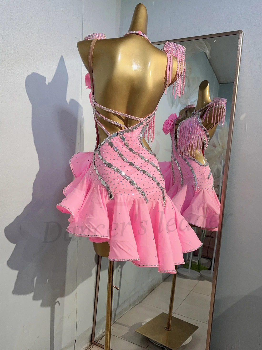 라틴 댄스 의상, 라인 석, 성인과 어린이를위한 하이 엔드 맞춤형 중공 드레스, 삼바 하이 플래시 드레스