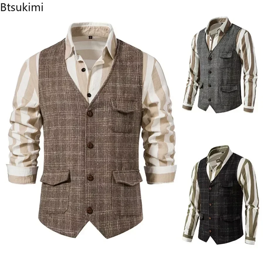 2026 Men's Plaid Tweed Vest Vintage Single-breasted Waistcoat Top England Style Suit Vest Men's Casual Business Party Tops Vests