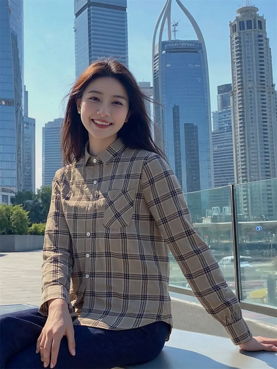 

Vintage Shirts Women Plaid Pattern Korean Style Loose Fashion All-match Spring Female Tops Students Popular Daily Young Outfit