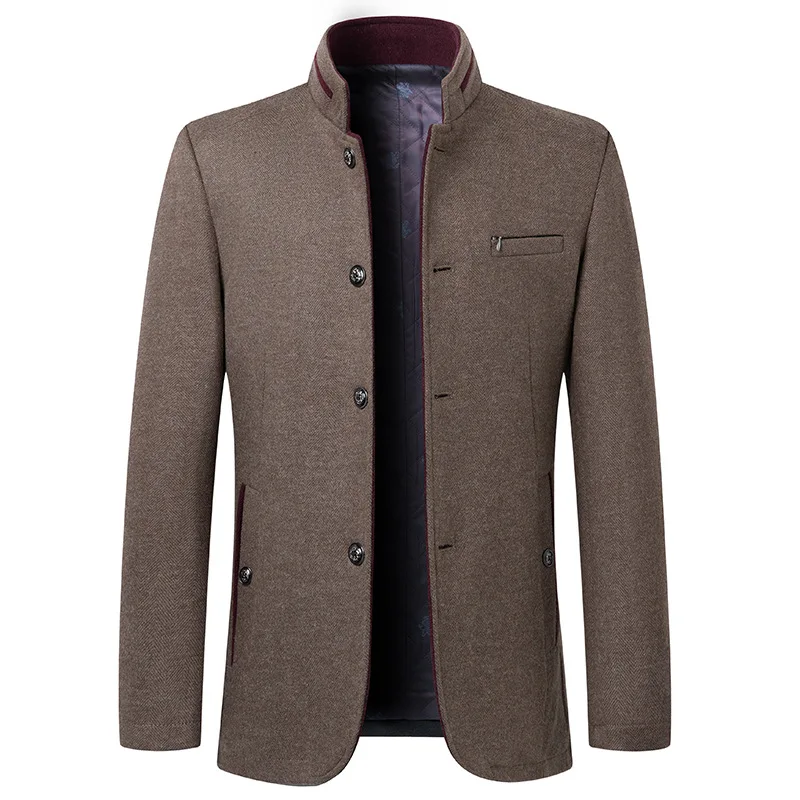 Winter Jackets for Men Business Causal Woolen Coat Classic Stand Collar Solid Wool Blends Coat Simple Middle-aged Mens Clothing