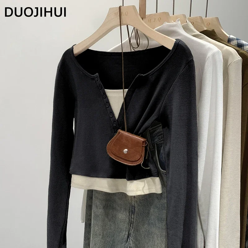 DUOJIHUI Fake Two Piece Chic V-neck Sexy Female T-shirts Autumn New Casual Simple Fashion Spell Color Basic S-XL Women T-shirts