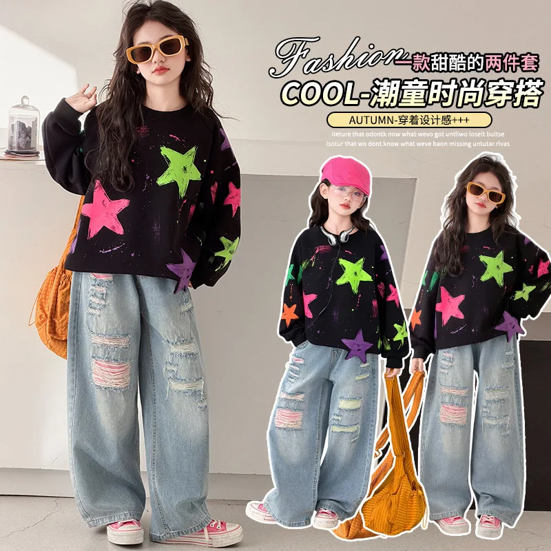 teenager girl ripped jeans Childrens Colorful Star Hoodie Denim big hole Wide Leg Pants junior kid Sweatshirt pants outfits 4-14