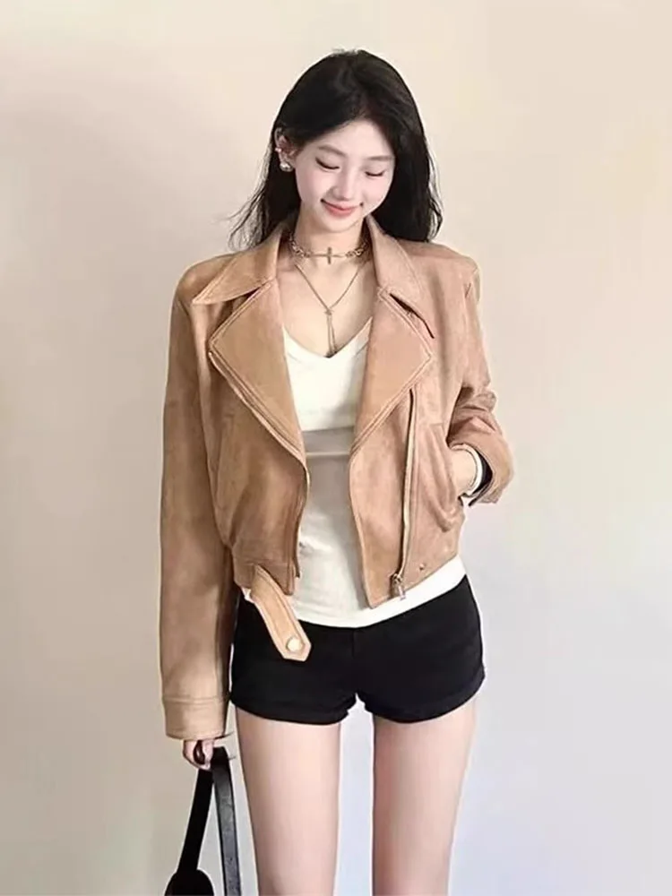 Browan Suede Jaet mujer ort Sle diseño Retro americano otoño nueva Faion motocicleta Jaet Top Casual viaje viento