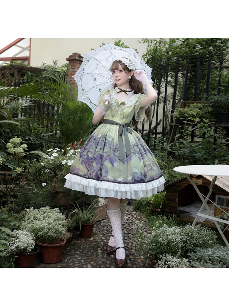 

Платье Vineyard для девочек в стиле Лолиты, оригинальное платье в стиле Лолиты, юбка с принтом, элегантное кружевное платье с прямой талией в масляном стиле