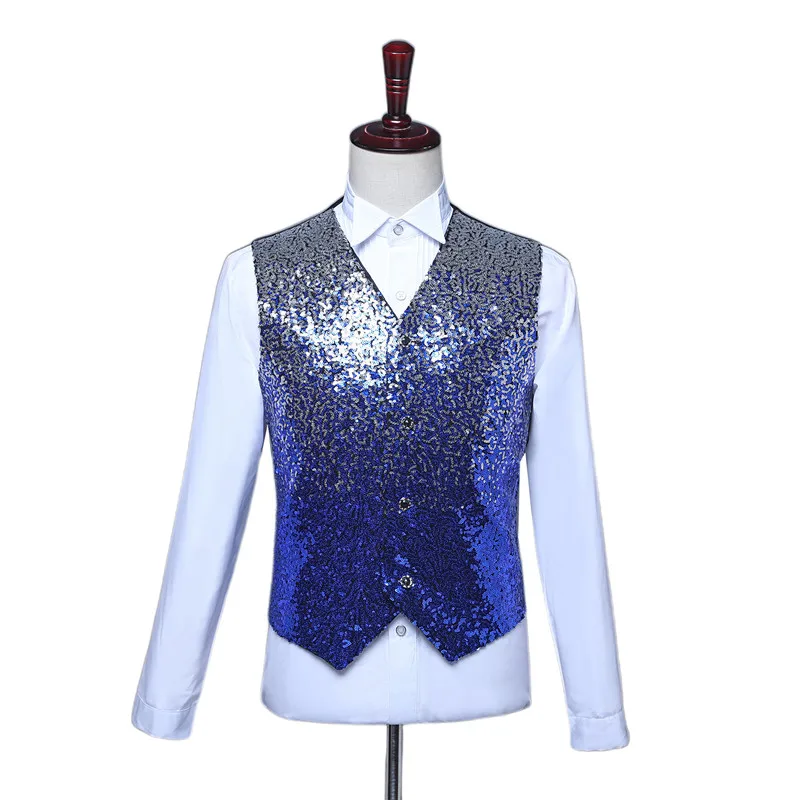 Mode hommes paillettes costume gilet rouge/bleu mâle luxe Bar KTV danse fête scène Performance gilet Patchwork hauts