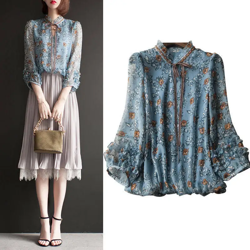 

Woman Lantern Sleeve Blue Floral Chiffon Blouse Jacket Fashion High Collar Short Coat Women Spring Casual High Street Base Layer