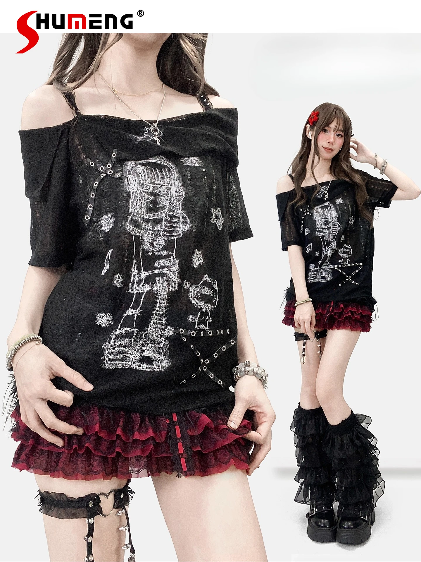 

Fashion Subculture Sweet Cool Y2K Top Cartoon Print Off-shoulder Short-sleeved Casual Loose Versatile Black T-shirt Women Summer
