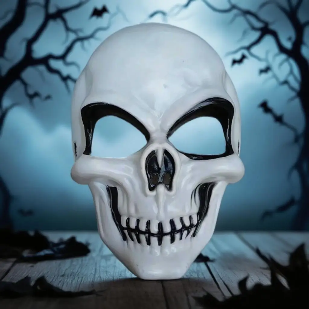 Przerażająca, realistyczna maska szkieletu na Halloween, idealna do odgrywania ról i dekoracji na świąteczne imprezy.
