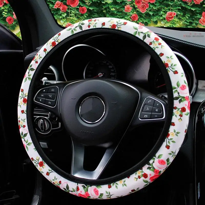 Car Rose Flowers Steering Wheel Cover Rose Flowers Steering Wheel Cover Seamless Universal Floral Car Automotive Cover For Car