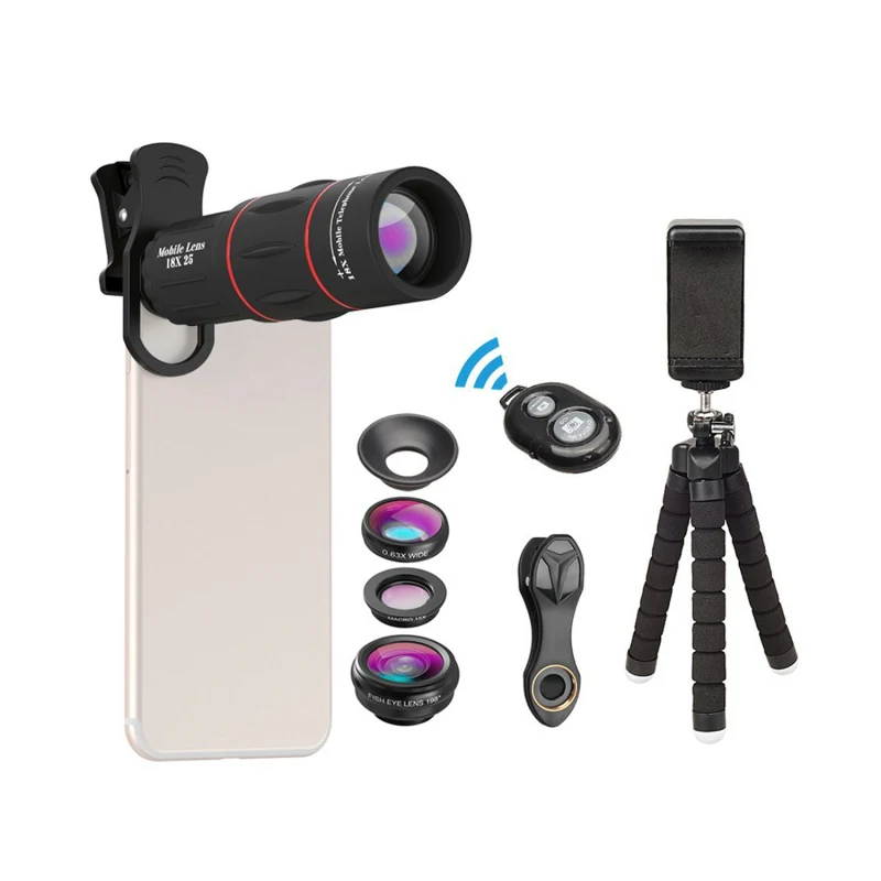 

APEXEL Telephoto 4-in-1 Cell Phone Lens Kit 18x Cell Phone Telephoto Lens 198° Fisheye 0.63x Wide Angle 15x Macro