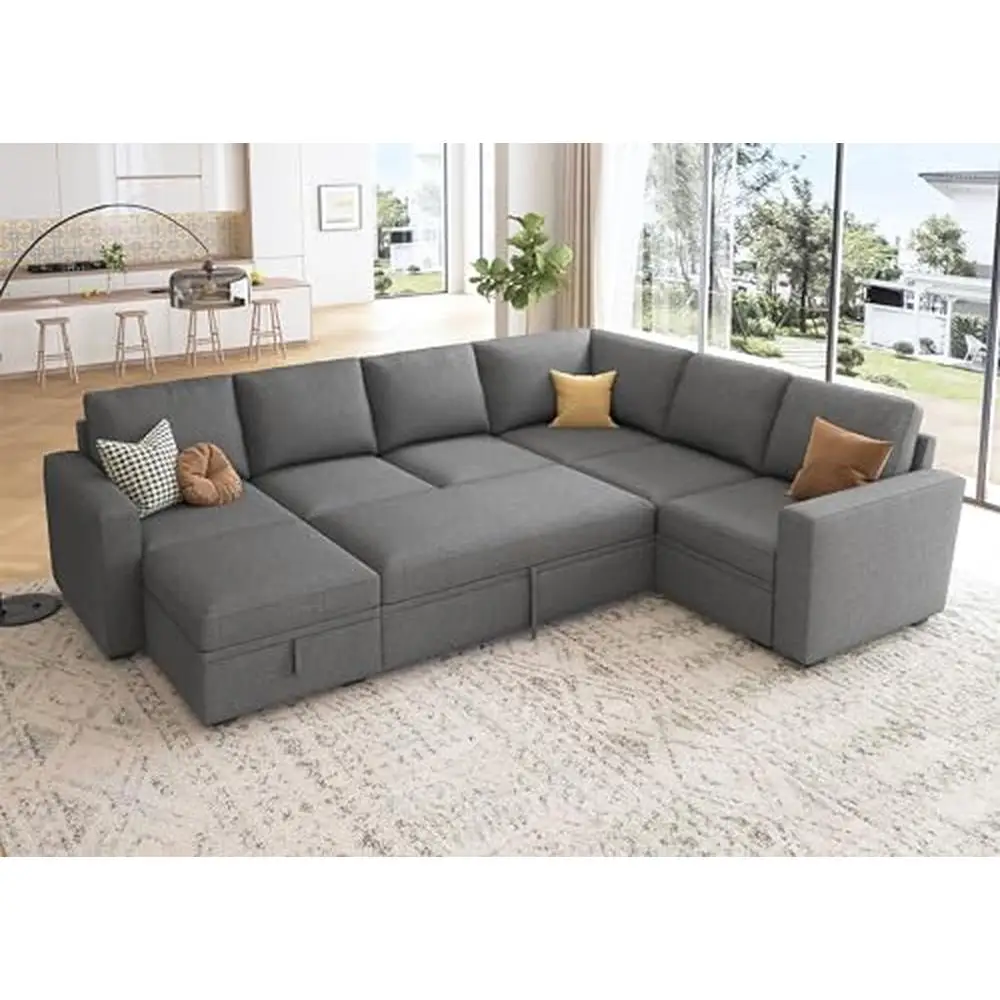 Sectional Sleeper Sofa Pull Out Bed U Shaped Couch Storage Ottoman 7-Seater Dark Wood Frame