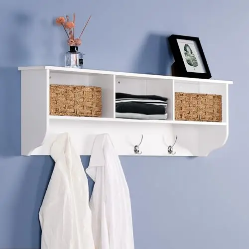38.6" Contemporary Wall Mounted Coat Rack with Shelf, Entryway Hanging Coat Rack with 3 Shelves, Wall Shelf with 4 Dual