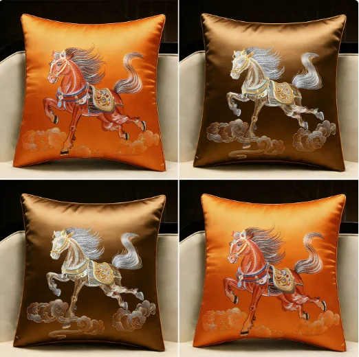 2026 Horse Year Throw Cushion Cover Pillowcase for Sofa Living Room New Chinese-style Embroidery Backrest Cushion Lumbar Sup