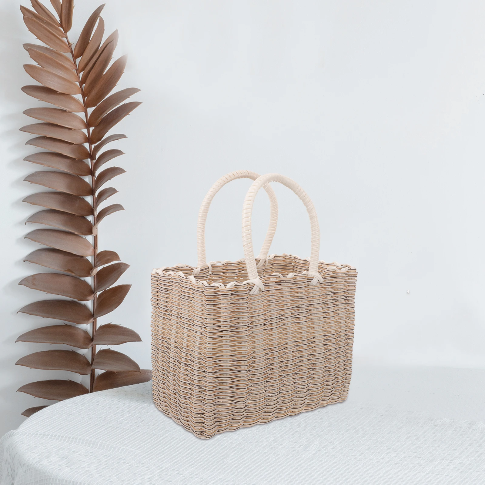 

Shopping Basket Modern Storage Basket with Handle Portable Plastic Picnic Organizer Vegetable Bathing Square Medium Beige