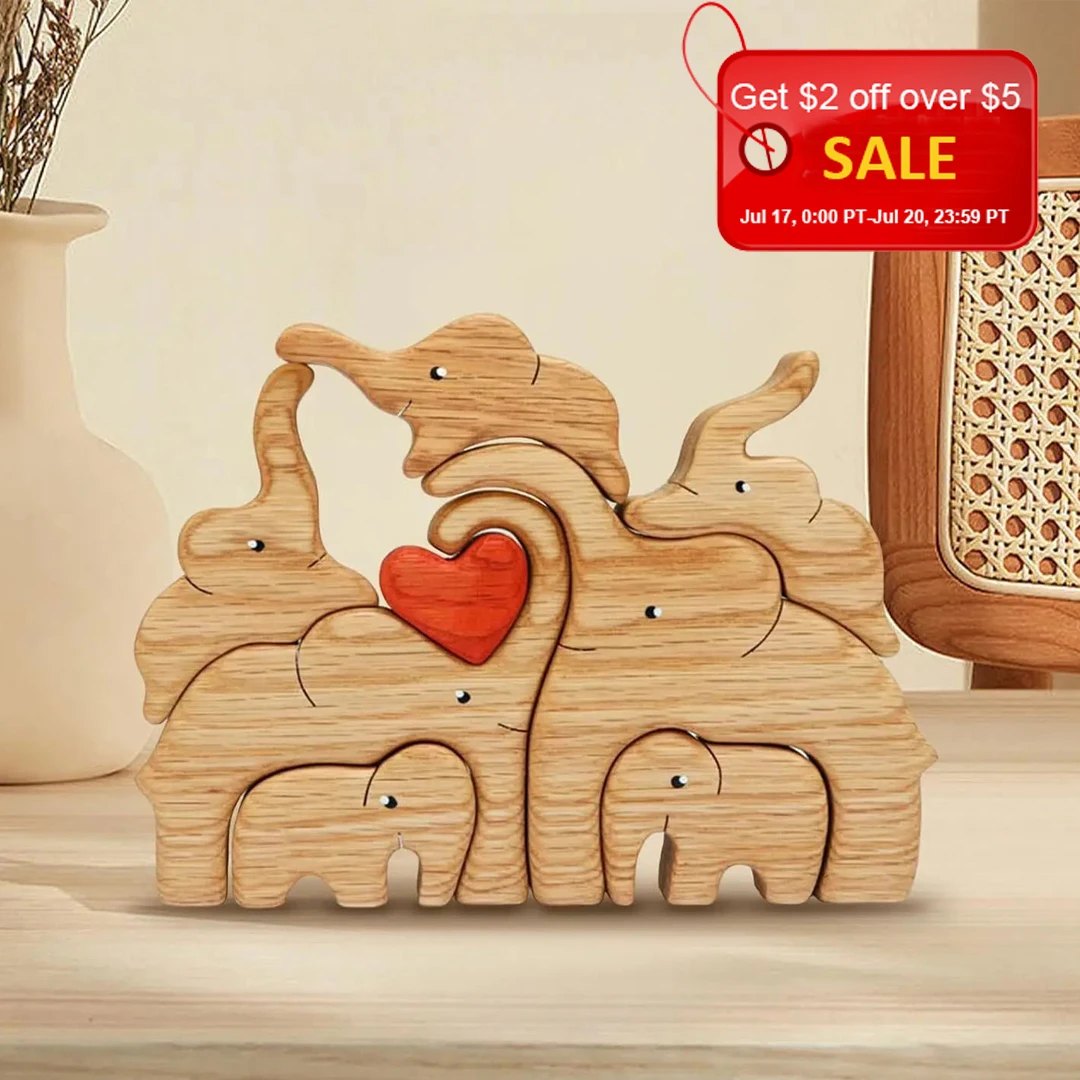 Elephant Family Wooden Puzzle Free Custom Personalized Name Animal Figurine Home Decoration Desktop Decorations Gift For Holiday