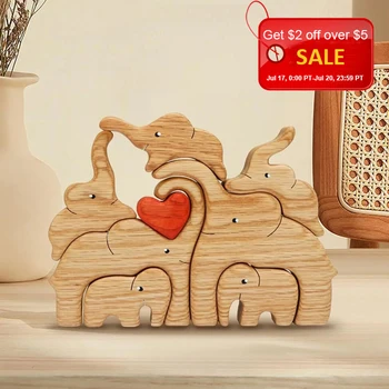 Puzzle en bois de famille d'éléphants, nom personnalisé gratuit, Figurine d'animal, décoration de maison, décorations de bureau, cadeau pour les vacances