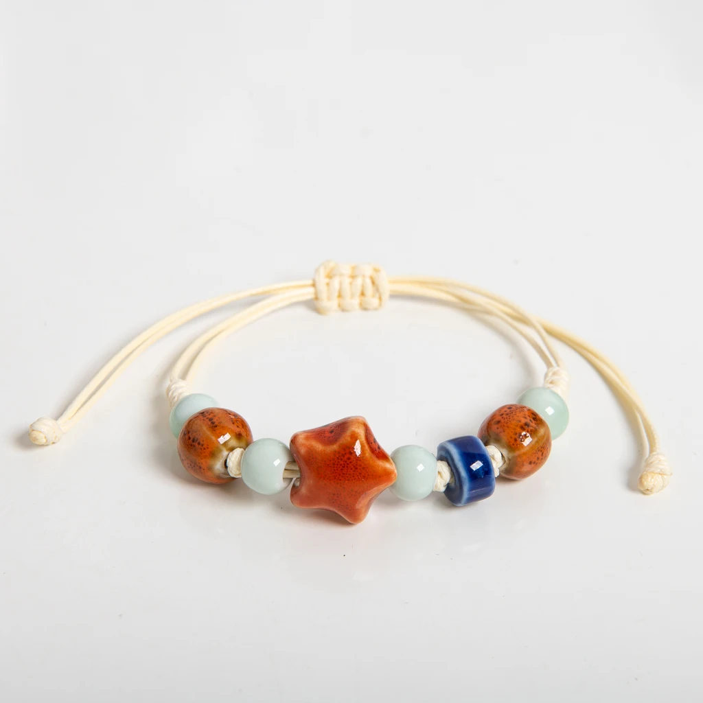 Adjustable Handmade Ceramic Orange Star and Melon Bead Bracelet Multicolor Wax Cord Woven Jewelry Boho Style Gift for Couples