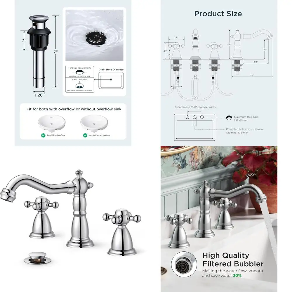 

Polished Chrome 3-Hole 2-Handle 8 Widespread Vintage Bathroom Sink Faucet with Pop-Up Drain & Supply Lines
