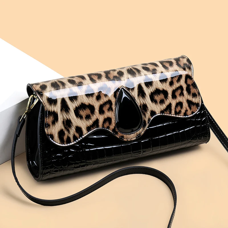 Luxury Designer Shoulder Bag Women Phone Pocket Leopard Pattern Diagonal Cross Bag Patent Leather Glossy Retro Versatile Handbag