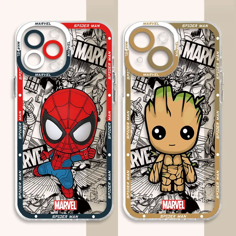 Phone Case for iPhone SE 15 Plus 11 13 Pro Max X XS XR 7 6s 14 Pro 12 Mini 8 Transparent Soft TPU Marvel Spider Man Groot Cover