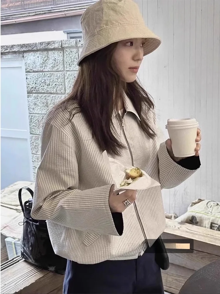 

Винтажная свободная куртка в полоску с длинными рукавами, женская верхняя одежда с воротником-стойкой, двусторонняя, антивозрастная