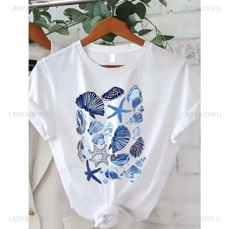 

Womens Seashell Print TShirt Casual Short Sleeve Lightweight Breathable Cotton Vintage Simple Tees Casual Summer Unique Tops